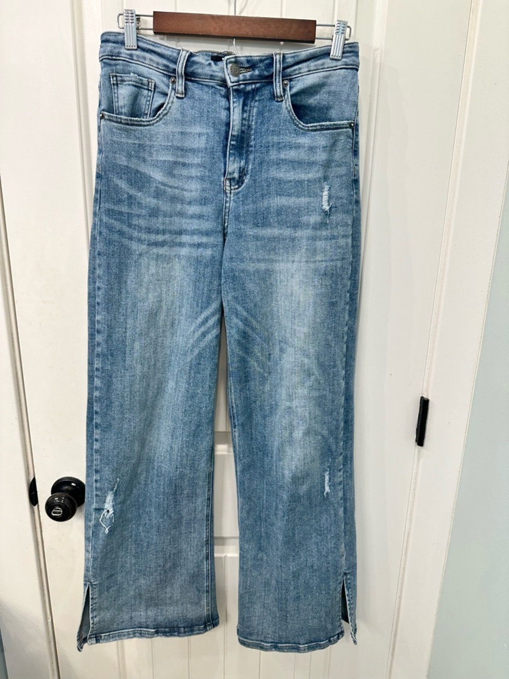 Risen Jeans RDP1510 Light Wash Distressed Split Hem Wide Leg Jeans Size 7